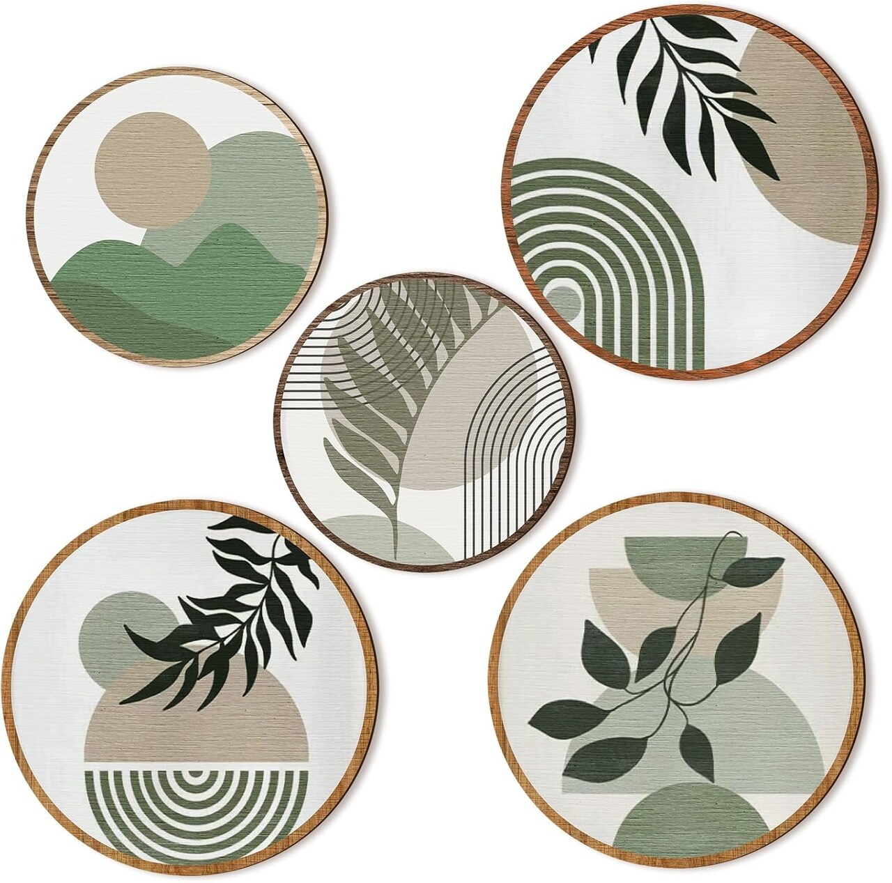 5-Piece Bohemian Wooden Wall Art Set – Geometric Farmhouse Hanging Décor, Minimalist Aesthetic Wood Posters for Living Room or Bedroom (Greenery, 10" & 8")